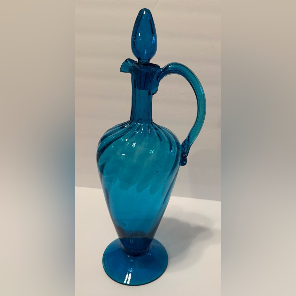 MCM Elegant Peacock Blue Glass Decanter With Stopper - Vintage